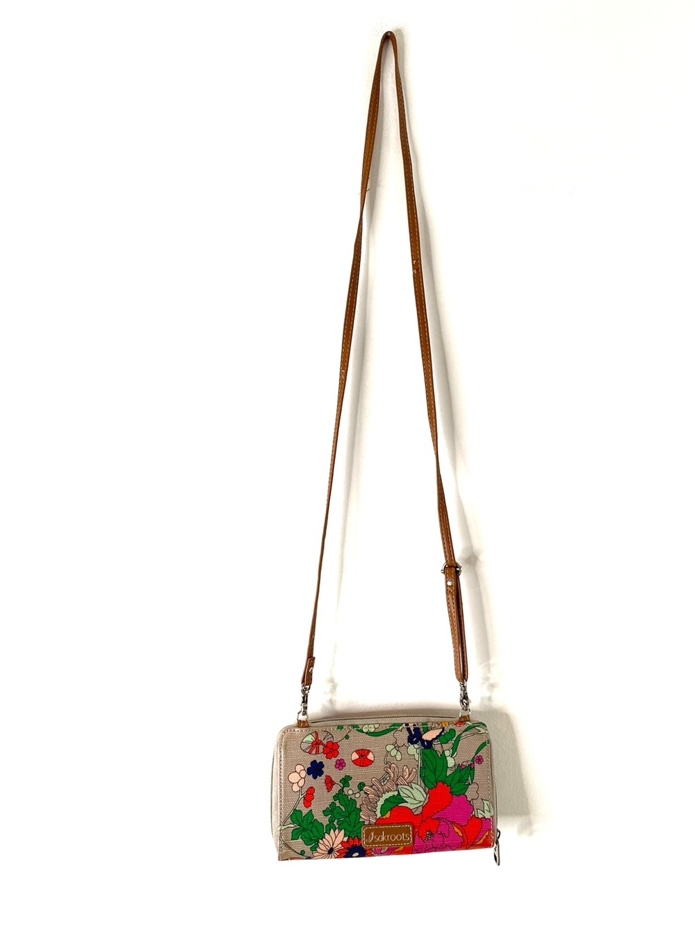Sakroots Floral Crossbody Wallet in Beige, Pink, Orange, Yellow, Green - Picture 6 of 12